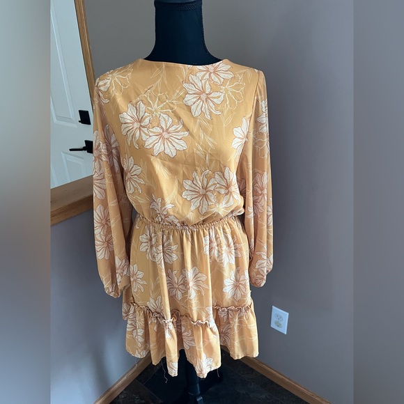 Flying Tomato Dresses & Skirts - Flying Tomato Mustard Yellow Floral Long-Sleeve Tiered Dress